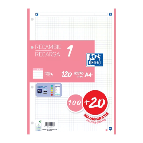 Oxford Ricarica Oxford School A4 120 fogli griglia 5x5 mm - 4 fori - fascia rosa