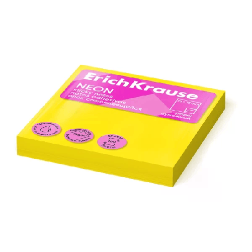 ErichKrause Bloc de 100 Notas Adhesivas 75x75mm - Removibles - Color Amarillo Neon