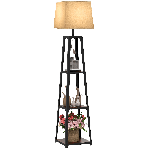HOMCOM Lampada da Terra in Metallo e MDF a 3 Ripiani con Paralume in Tessuto, Ø42x166 cm, Nero e Beige