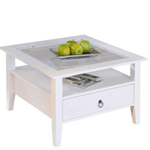 Pidema:Tavolino salotto bianco in legno massello con ripiano in vetro e cassetto, tavolini soggiorno design provenzale misura 75x75x45h cm.