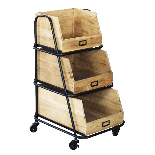 MILANI HOME DROWY - 3 cassetti in legno con ruote industrial in legno e acciaio