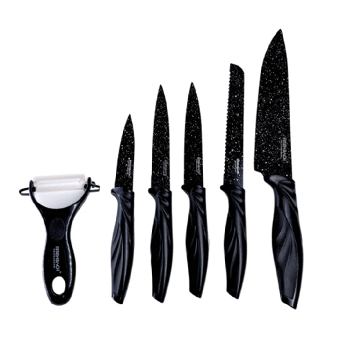 TrAdE Shop Traesio  Set Di Coltelli Rivestiti In Marmo Con Manici Ergonomici Antiscivolo 6 Pezzi Nero -