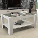 Pidema:Tavolino salotto in legno bianco frassinato e piano in vetro, tavolini soggiorno design moderni misura 90x60x41 cm.