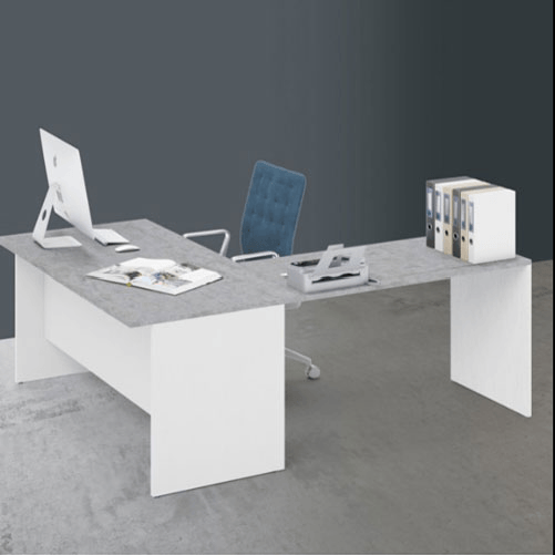 Scrivania ufficio angolare cemento con allungo 120 cm. Scrivanie porta pc in legno bianco frassinato per camerette, dimensioni  74x160x200 cm.