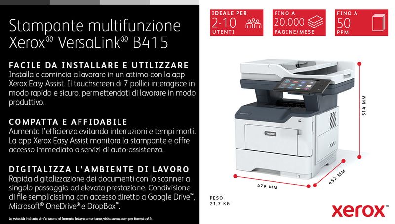 Xerox-VersaLink-B415-A4-47-ppm-Copia-Stampa-Scansione-Fax-F-R-PS3-PCL5e-6-2-vassoi-Totale-650-fogli