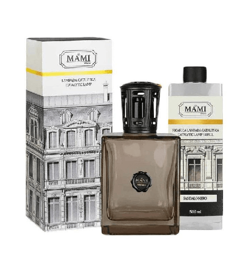 Mami Milano sandalo nero, box lampada catalitica tortora, con ricarica 500 ml