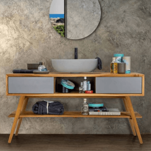 Pidema:Mobile bagno Feel Good 150 Cipì, mobili bagno consolle con gambe in legno di teak naturale e cassetti  verniciati di colore grigio