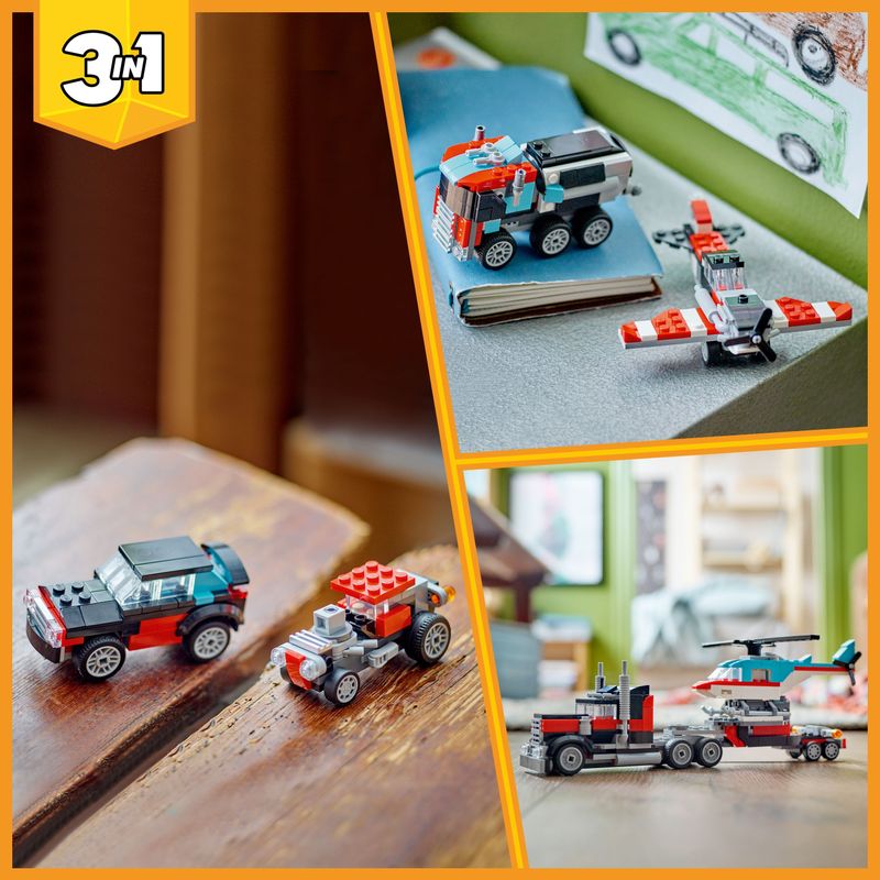 LEGO-Creator-31146-3in1-Autocarro-con-Elicottero-Giochi-per-Bambini-7--Anni-Ricostruibile-in-Aereo-e-Cisterna-o-Auto-e-SUV