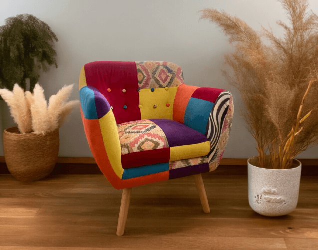 VOLERO-Poltrona-Patchwork-Design-Modello-Cassandra-Rivestimento-in-Stoffa-e-Velluto-Multicolore-Struttura-in-Legno.