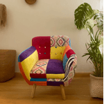 VOLERO-Poltrona-Patchwork-Design-Modello-Cassandra-Rivestimento-in-Stoffa-e-Velluto-Multicolore-Struttura-in-Legno.