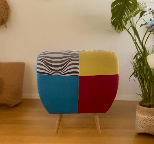 VOLERO-Poltrona-Patchwork-Design-Modello-Cassandra-Rivestimento-in-Stoffa-e-Velluto-Multicolore-Struttura-in-Legno.