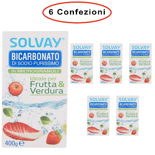 Solvay bicarbonato di sodio ideale per frutta &amp; verdura e superfici 6 confezioni da 400 grammi