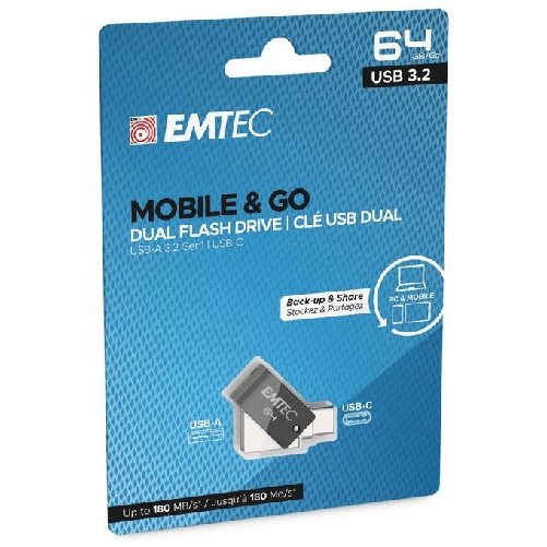 Emtec-T260C-unita-flash-USB-64-GB-USB-Type-A---USB-Type-C-3.2-Gen-1--3.1-Gen-1--Nero-Acciaio-inossidabile