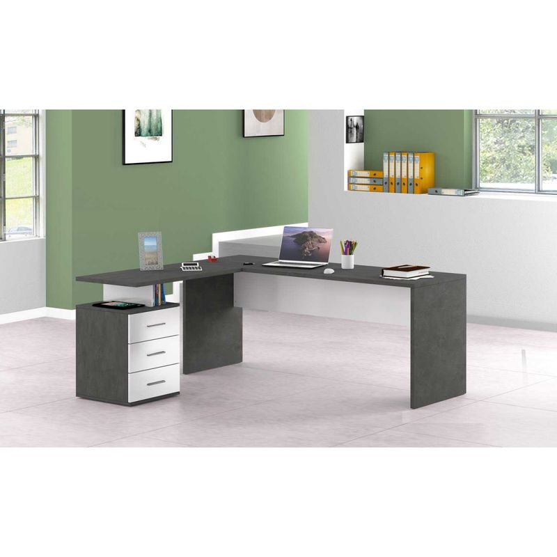 Scrivania-Grigio-Bianco-Angolare-Cassettiera-Grande-da-Ufficio-Cameretta