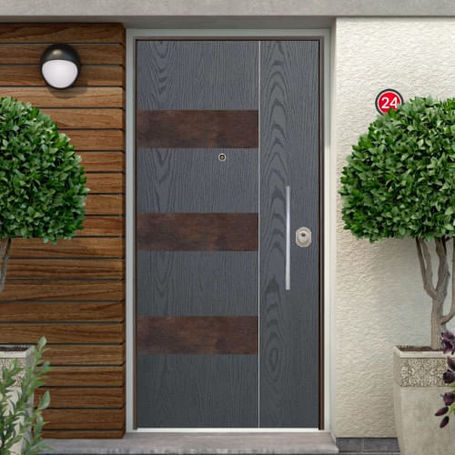 Portone-per-Esterno-Blindato-con-Pannello-Grigio-e-Inserti-Corten