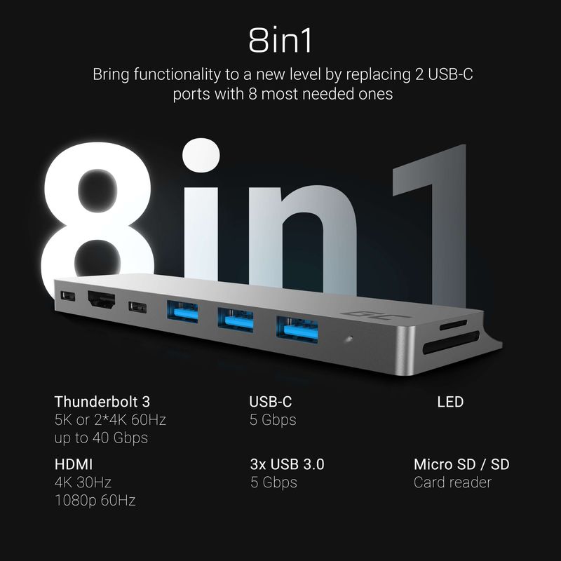 Green-Cell-AK75-replicatore-di-porte-e-docking-station-per-notebook-Thunderbolt-3-Argento