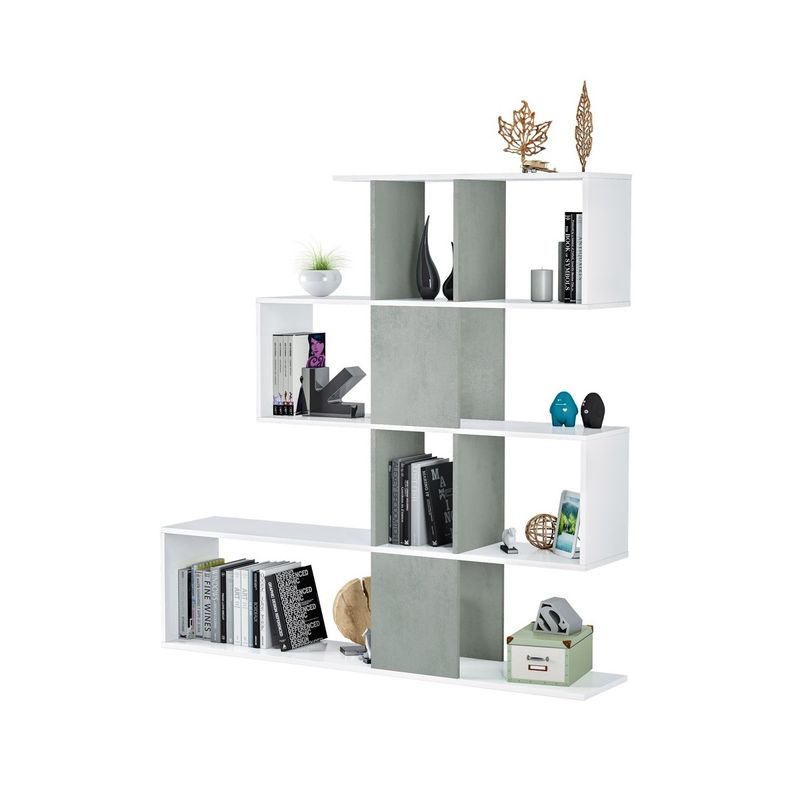Mobile-Libreria-Bianca-Grigio-Design-Scaffale-Divisorio-a-Cubi-da-Parete-Moderna