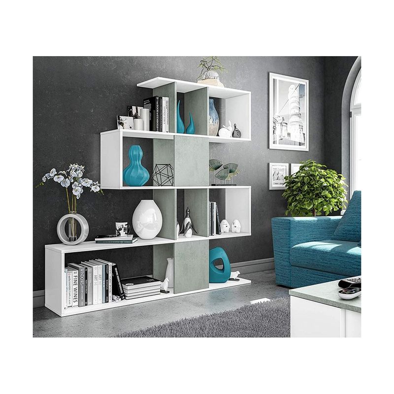 Mobile-Libreria-Bianca-Grigio-Design-Scaffale-Divisorio-a-Cubi-da-Parete-Moderna