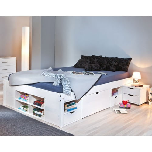 Letto-alla-Francese-140x200-Bianco-Rete-a-Doghe-con-Cassetti-una-piazza-e-mezzo