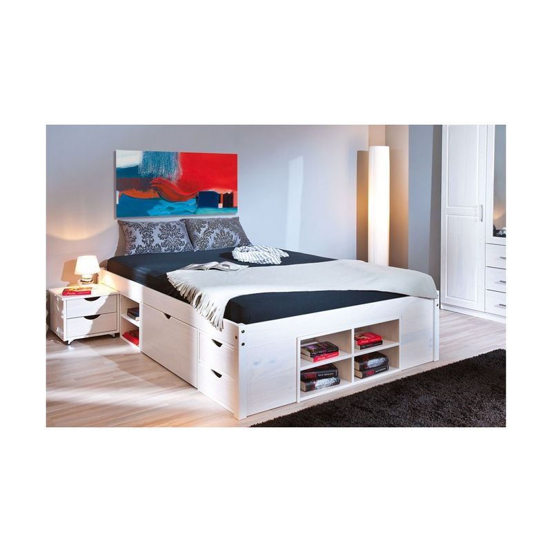 Letto-alla-Francese-140x200-Bianco-Rete-a-Doghe-con-Cassetti-una-piazza-e-mezzo
