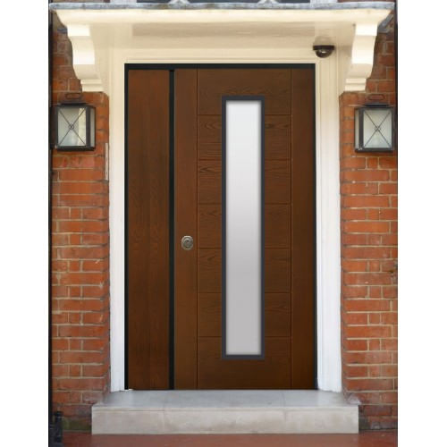 Porta Blindata a Due Ante Asimmetriche con Vetro per Esterno Moderna Noce