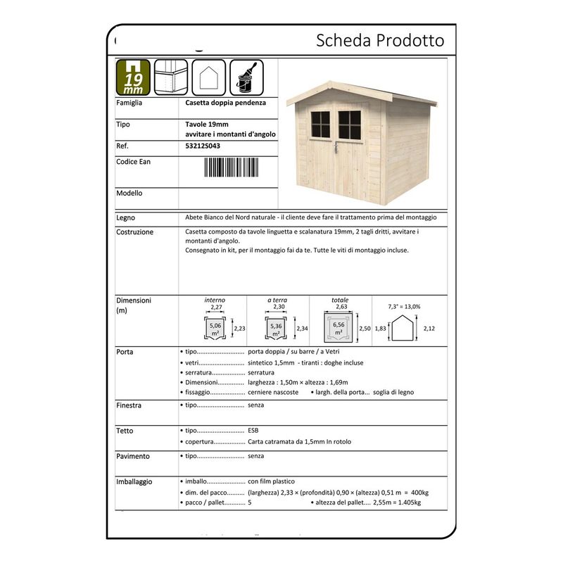 Casetta-in-Legno-2.3x2.3-mt-a-Pannelli-19-mm-Moderna-Porta-Attrezzi-da-Giardino