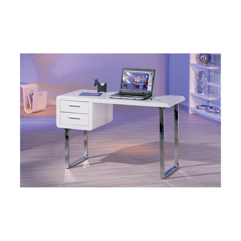 Scrivania-120-con-Cassetti-Pc-Bianca-Lucida-Laccata-Legno-Moderna-Cassettiera