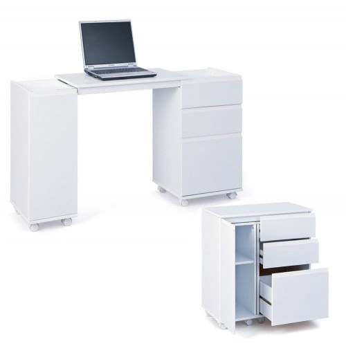 Tavolo-Scrivania-120-Richiudibile-Bianca-Porta-Pc-Cameretta-con-Ruote-Cassetti