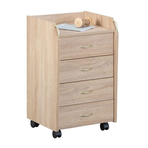 Cassettiera-4-Cassetti-Rovere-con-Ruote-da-Scrivania-Ufficio-Comodino-Cameretta
