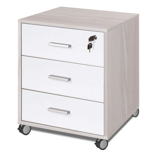 Cassettiera-in-Legno-Olmo-Bianca-3-Cassetti-con-Chiave-Ruote-Scrivania-Ufficio