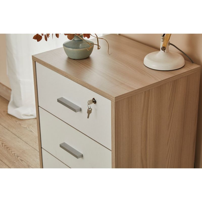 Cassettiera-in-Legno-Olmo-Bianca-3-Cassetti-con-Chiave-Ruote-Scrivania-Ufficio