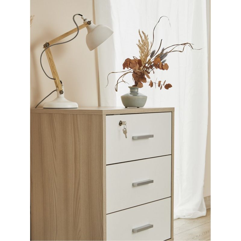Cassettiera-in-Legno-Olmo-Bianca-3-Cassetti-con-Chiave-Ruote-Scrivania-Ufficio