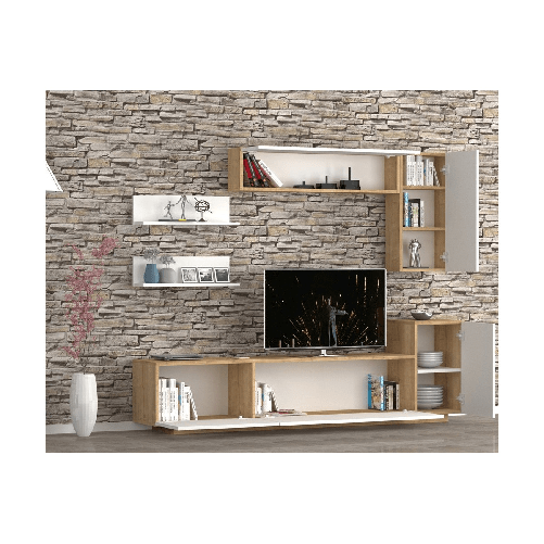 Parete-Attrezzata-200-Bianco-Rovere-Mobile-Portatv-Pensile-Sospeso-Basso-Moderno