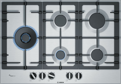 Bosch PCS7A5B90 Serie 6 Piano Cottura a Gas 5 Fuochi Griglie in Ghisa FlameSelect 75 cm Acciaio Inox