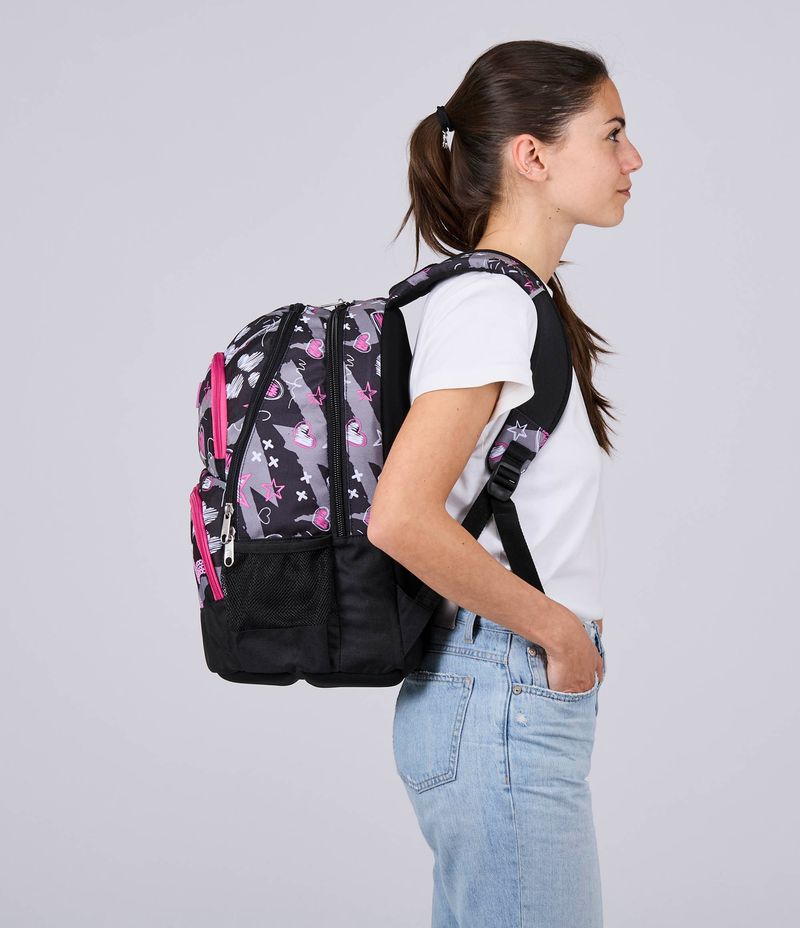 Seven-Zaino-Scuola-Adavanced-Pockets-Nero-Fucsia-Draft-Heart