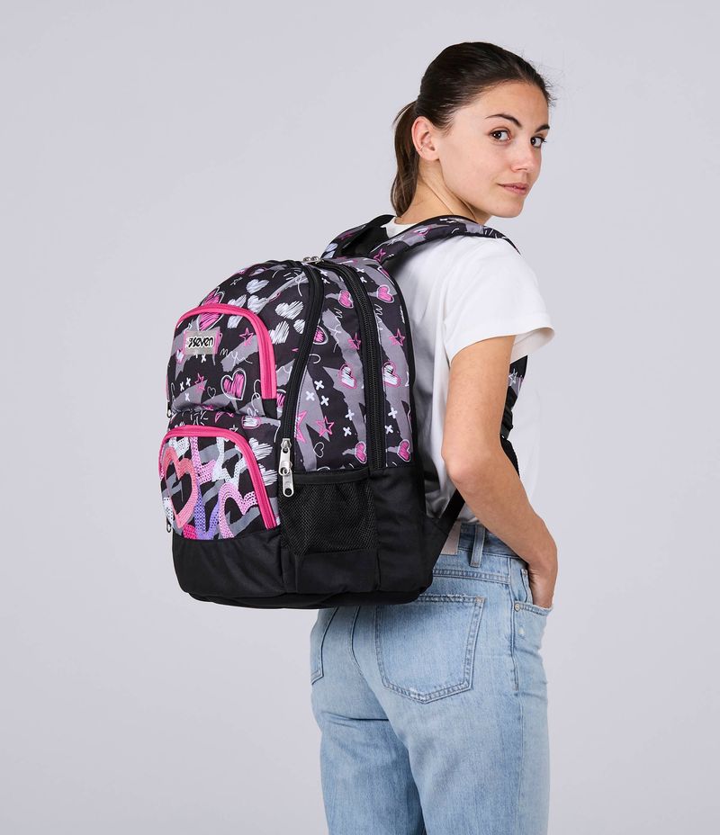 Seven-Zaino-Scuola-Adavanced-Pockets-Nero-Fucsia-Draft-Heart