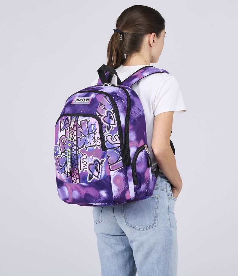 Seven-Zaino-Scuola-Advanced-con-Doppio-Scomparto-e-Supporto-Usb-Bubble-Street-Viola