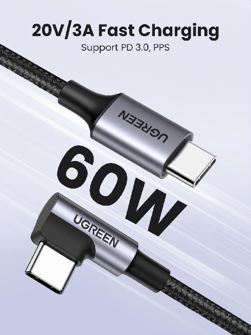Ugreen-Usb-C-a-Angled-Usb-2.0-C-Cavo-Rotondo-1mt-Grigio-Nero