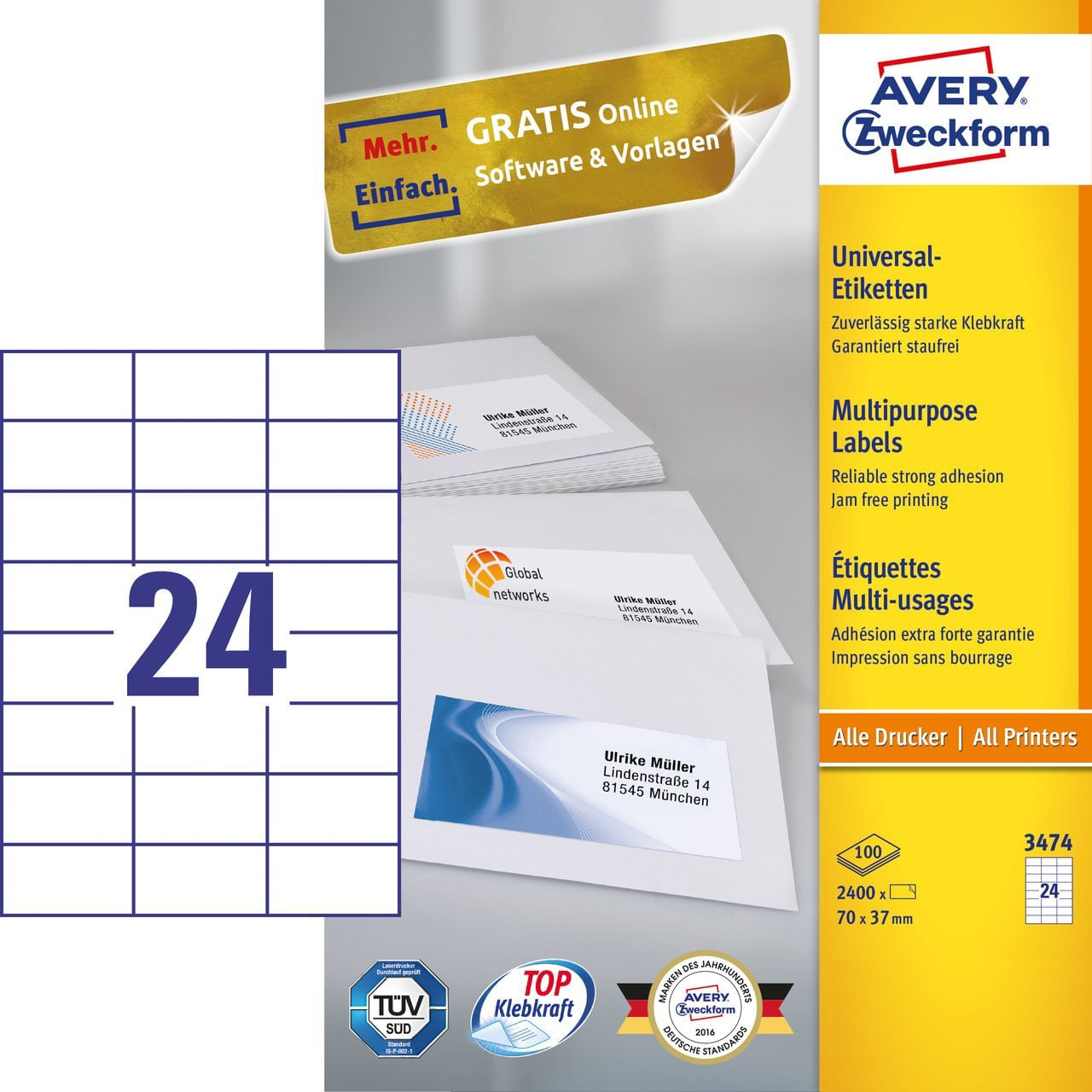 Avery 3474 etichetta autoadesiva Rettangolo Permanente Bianco 2400 pz