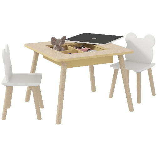 AIYAPLAY Set Tavolo 3 in 1 e 2 Sedie per Bambini con Schienale a Orsetto, Età 3-6 Anni, Colore Legno