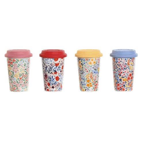 DKD Home Decor Tazza con Coperchio DKD Home Decor Multicolore Fiori 400 ml (4 Unità)
