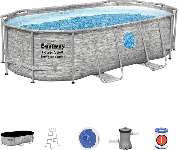 Bestway 56714 piscina fuori terra ovale effetto pietra power steel swim vista con oblò 427x250x100 cm