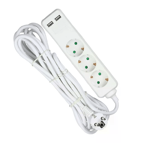 V-TAC Multipresa con Cavo 5m 3 Prese 10A 2P + Schuko 2 USB e Interruttore Luminoso Spina Schuko Colore