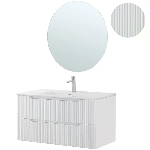 ZIK Mobile Bagno Sospeso con Lavabo in Ceramica e Specchio 2 Cassetti 100 cm in Legno - Bianco