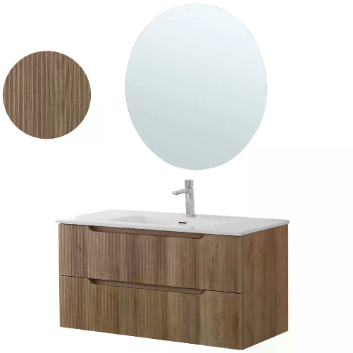 ZIK Mobile Bagno Sospeso con Lavabo in Ceramica e Specchio 2 Cassetti 100 cm in Legno - Rovere