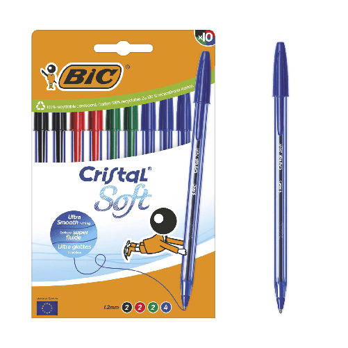 Bic cristal soft penne a sfera punta media 1,2 mm inchiostro easy glide 10 pz colori assortiti