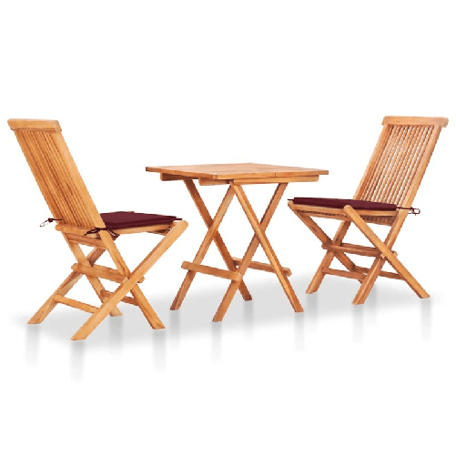 VidaXL Set da Bistrot 3 pz con Cuscini Rosso Vino in Massello di Teak