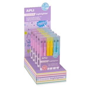 Apli Evidenziatore Cancellabile Espositore da 5 Confezioni da 6 Evidenziatori Cancellabili - Punta Smussata 4mm - Colori