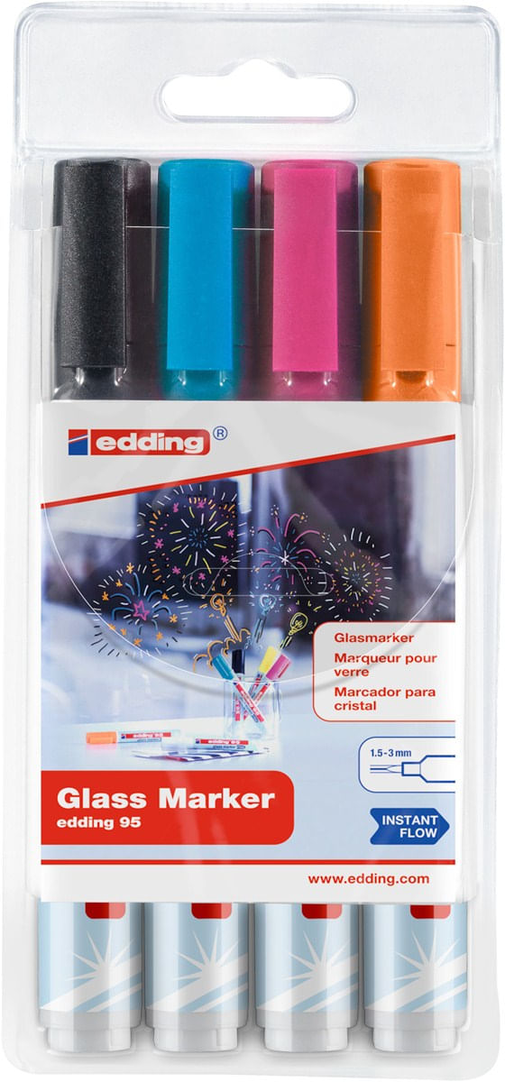 Edding-95-Pack-de-4-Rotuladores-de-Tiza-Liquida---Punta-Redonda---Trazo-1.5-3mm---Colores-Negro-Naranja-Rosa-y-Azul