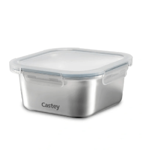 Castey, contenitore quadrato 600 ml per microonde, con coperchio ermetico, acciaio inox